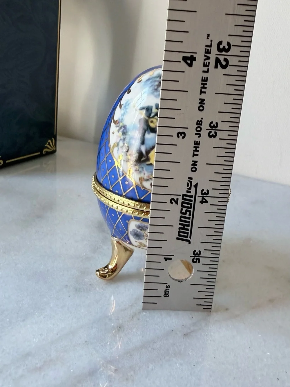 Blue Decorative Porcelain Egg Trinket Box with Gold Accents